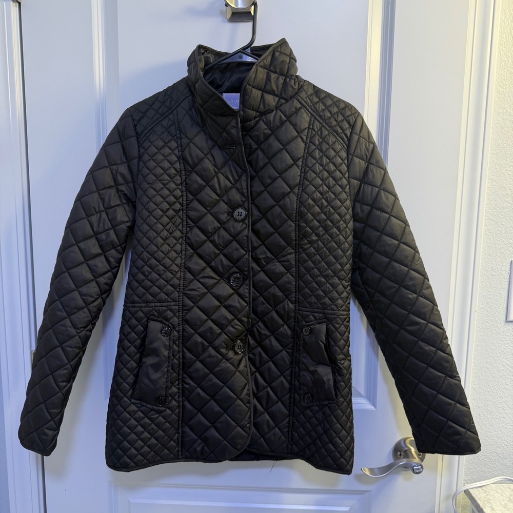 Laura Scott Womens Black Quilted Jacket Funnel Neck Button Front Size M